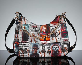 Horror Gazette Crossbody Bag: PU Leather Shoulder Bag with Chain, Halloween