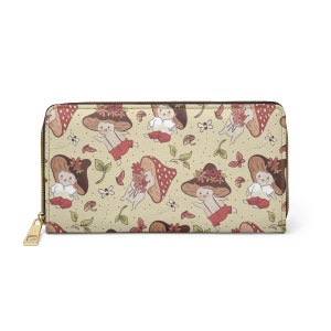 Cartera con cremallera y diseño de hongos Cottage Core. Cartera de mujer. Monedero. Regalo para ella. Cartera de cuero. Cartera plegable. Monedero de hongos. Personalizado.
