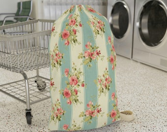 ヴィンテージフローラルランドリーバッグ：ストラップ付きキャンバス巾着バッグ