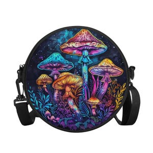 Bolso bandolera redondo con diseño de hongo psicodélico. Mochila redonda. Monedero pequeño.