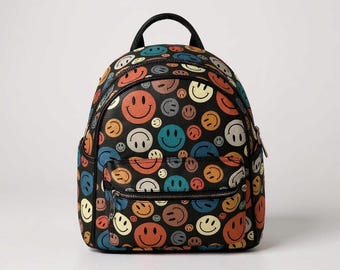 Mochila vintage con cara sonriente: pequeña mochila de cuero vegano