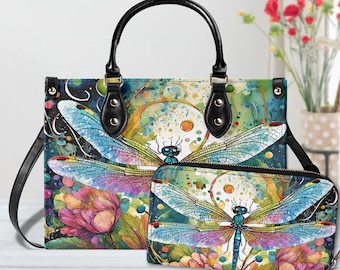 Handtas aquarel Dragonfly: draagtas van veganistisch leer