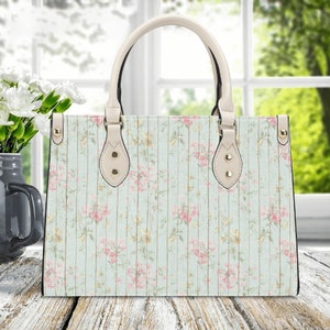 Blue Rustic Spring Floral Tote Purse. Womans leather purse. Floral handbag. Gift for her, Gift for Friend. Leather handbag.