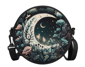 Boho Moon Garden Round Satchel Bag. Womans Crossbody Bag. Round Satchel Backpack. Small Purse.