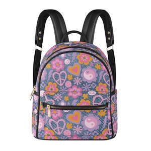 90s Retro Mini Rucksack Geldbörse: Floral Peace Zeichen Kunstleder