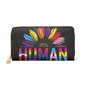 Carteira Pride HUMAN com zíper. Carteira Pride com zíper dourado.