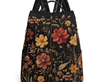 Mochila de viaje antirrobo Autumn Bloom de cuero vegano: mochila con cremallera trasera