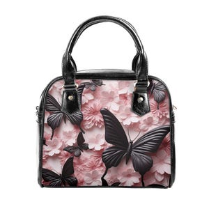 Bolso de hombro con mariposa negra: piel resistente, interior espacioso, 3 bolsillos, asa superior, elegante.