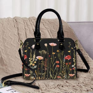 Midnight Bloom Wildflower Boston Handtasche, wasserdichte Handtasche aus Vegan Leder, Top Griff Vegan Leder, Crossbody, Schultertasche, Einkaufstasche.