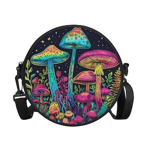 Bolso bandolera redondo con diseño de Jardín de Hongos Psicodélicos. Mochila redonda. Monedero pequeño.