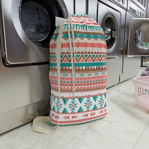 Boho Tribal Print Laundry Bag with Strap. Drawstring Laundry Bag. Canvas. Gift for her. Custom laundry bag.