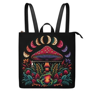 Mochila de piel sintética impermeable con diseño de hongo y fases lunares para mujer, bolso tipo cartera cuadrado. Mochila con cremallera. Idea de regalo. Bolso con forma de hongo.
