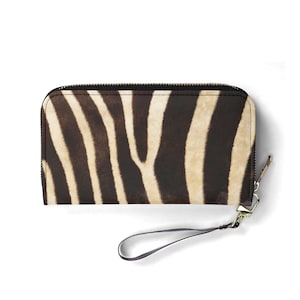 Zebrasafari-veganistische leren portemonnee. Handtas met riem. Cadeau voor haar. Leren portemonnee. Gevouwen portemonnee. Esthetische portemonnee met ritssluiting. Kaarthouder.