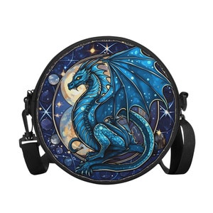 Mystical Blue Dragon Round Satchel Bag. Womans Crossbody Bag. Round Satchel Backpack. Small Purse.