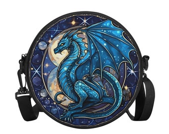 Mystical Blue Dragon Round Satchel Bag. Womans Crossbody Bag. Round Satchel Backpack. Small Purse.