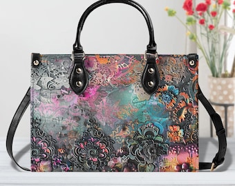 Draagtas met donkere betovering bloemen: veganistische leren handtas Tas met handvat