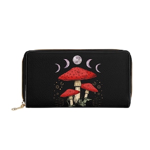 Cartera con diseño de hongo y fases lunares. Cartera con cremallera. Cartera de mujer. Monedero. Regalo para ella. Cartera de cuero plegable. Regalo de cumpleaños.