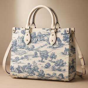 Bolso de mano de inspiración vintage Toile-de-Jouy. Bolso de mano cuadrado, bolso de mano de piel sintética impermeable, asa superior de piel vegana, bandolera, bolso de hombro,