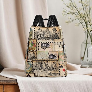 Timbre vintage Alice au pays des merveilles sac à dos. Nouveau sac à dos antivol de voyage en PU Daypack. Sac à dos pays des merveilles