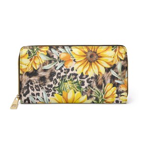 Sonnenblume und Leopard Geldbörse. Reißverschluss-Geldbörse. Damen Geldbörse. Handtasche. Geschenk für sie. Leder Portemonnaie. Leder Geldbörse.