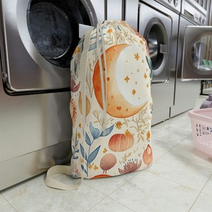 Boho Moon Garden Laundry Bag with Strap. Drawstring Laundry Bag. Canvas. Gift for her. Custom laundry bag.