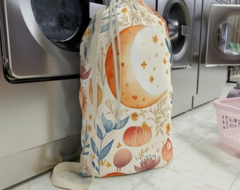 Boho Moon Garden Laundry Bag with Strap. Drawstring Laundry Bag. Canvas. Gift for her. Custom laundry bag.