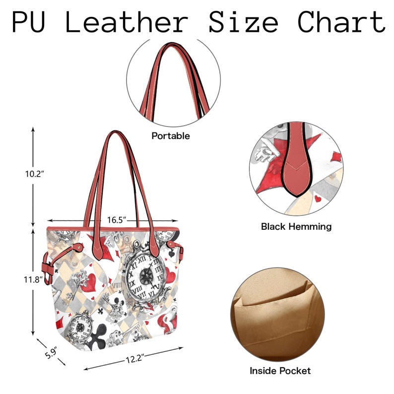 Puede incluir: Una bolsa de mano blanca con un dise&ntilde;o de cartas de juego rojas, negras y blancas. La bolsa tiene una base de 12,2 pulgadas de ancho, una altura de 11,8 pulgadas y una profundidad de 5,9 pulgadas. La bolsa tiene un asa de 16,5 pulgadas de largo y un borde negro doblado.