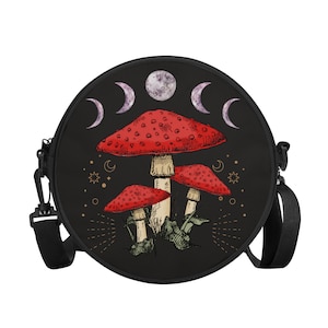 Borsa a tracolla rotonda a forma di fungo con fasi lunari. Borsa a tracolla da donna. Zaino a tracolla rotondo. Borsetta. Zaino piccolo.