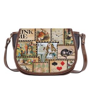 Alice in Wonderland vintage stamp saddle bag. Woman’s shoulder bag. Crossbody Bag. Womans purse