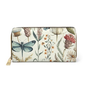 Portefeuille de jardin Wilflower. Portefeuille à fermeture éclair. Portefeuille femme fleurs sauvages. Porte-monnaie. Cadeau pour elle. Portefeuille à deux volets en cuir végétalien