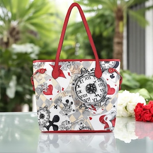 Bolso de hombro con temática de Alicia en el País de las Maravillas, bolso tote con asa superior, bolso clásico, bolso de lona, bolso tote de piel vegana. Regalo de cumpleaños.