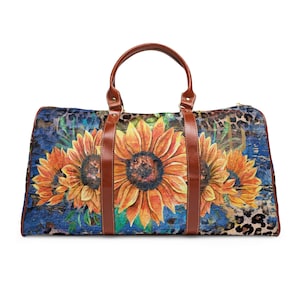 Country Sunflower Waterproof Travel Bag. Womans Travel Bag. Traveling Bag. Overnight Bag. Duffel Bag. Carry-On Bag. Vegan leather duffel bag