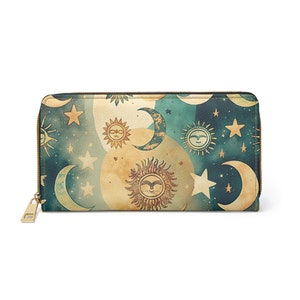 Blue Boho Sun and Moon Wallet. Zipper Wallet. Womans Wallet. Hand Purse. Gift For Her. Vegan Leather Wallet. Wallet for women