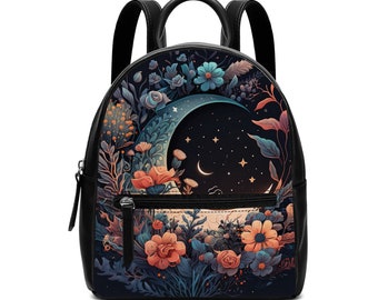 Moon Garden Small Backpack. PU leather backpack. Womans backpack purse. Gift for her. Unique gift. Witchy Bag