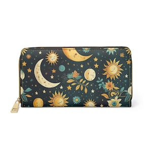 Cartera Mística de Luna y Estrellas. Cartera con cremallera. Cartera de mujer. Monedero. Regalo para ella. Cartera de cuero vegano.