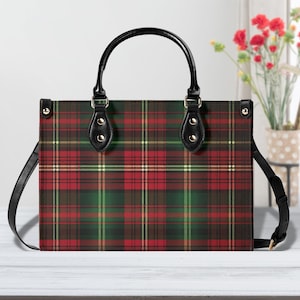 Bolso de mano de tartán rojo: bolso de mano de piel sintética impermeable, asa superior de piel vegana, bandolera, varios tamaños