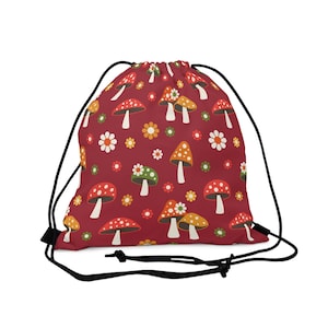 Hippie Mushroom Drawstring Bag. Retro vibe drawstring backpack.