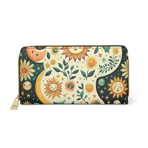 Carteira Boho Sol e Lua. Carteira com zíper. Carteira feminina. Bolsa de mão. Presente para ela. Carteira de couro vegano. Carteira para mulheres.