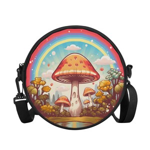 Bolso bandolera redondo retro con diseño de setas y arcoíris. Bolso bandolera para mujer. Mochila redonda tipo cartera. Monedero pequeño. Regalo para adolescentes. Regalo para ella.