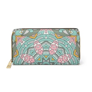 Carteira Boho Mandala Azul-petróleo. Carteira com zíper. Carteira Boho Feminina. Bolsa de mão. Presente para ela. Carteira de couro vegano com duas dobras.