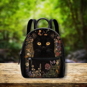 Sac à dos jardin enchanté du chat noir céleste | Sac à dos en cuir végétalien | Sac à dos pour femme | Cadeau pour elle | Cadeau unique |