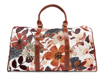 Women's Waterproof Travel Bag with Flowers. Overnight Travel Bag. Leather carry on bag.