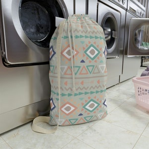 Boho Tribal Print Laundry Bag with Strap. Drawstring Laundry Bag. Canvas. Gift for her. Custom laundry bag.