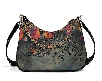 Bolso bandolera de piel sintética con encaje floral Baroque Bloom – Bolso cruzado gótico con cadena