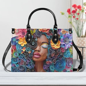 Sac fourre-tout afro-centrique Bloom Chic. Sac à main coloré, fourre-tout en cuir PU imperméable, poignée supérieure en cuir végétalien, bandoulière, sac à bandoulière.