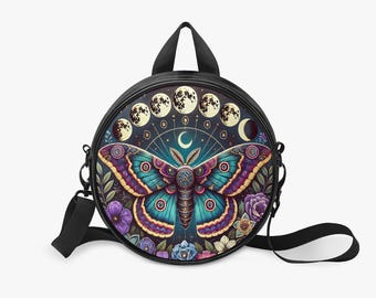 Bolso bandolera redondo con diseño de polilla y fases lunares