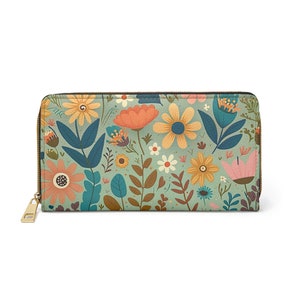 Cartera retro con flores. Cartera con cremallera. Cartera de mujer. Monedero. Regalo para ella. Cartera de cuero. Cartera plegable. Cartera bohemia. Tarjetero.