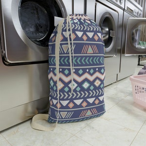 Boho Tribal Print Laundry Bag with Strap. Drawstring Laundry Bag. Canvas. Gift for her. Custom laundry bag.