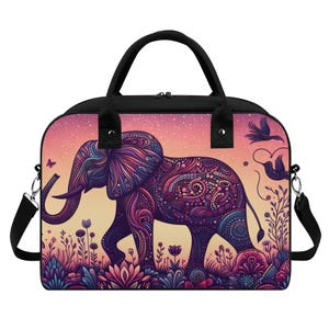 Boho Elefant Reisetasche, Nylon Einkaufstasche mit Fächern - Perfektes Reisen und Carryall, Doppel-Reißverschluss, große Arbeitstasche