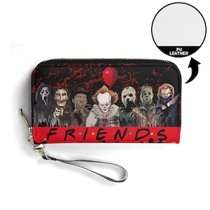 May include: A black and red wallet with a zipper closure and a strap. The wallet features a graphic of horror movie characters with the text "FRIENDS" in red and white. The wallet is made of PU leather.